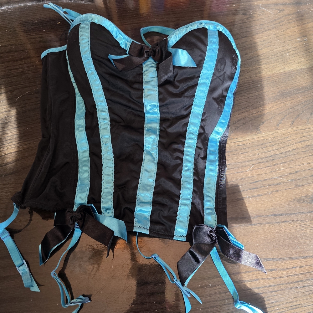 Vintage Hot Topic Black and Blue Ribbon Corset Top With Skeleton Design 38D